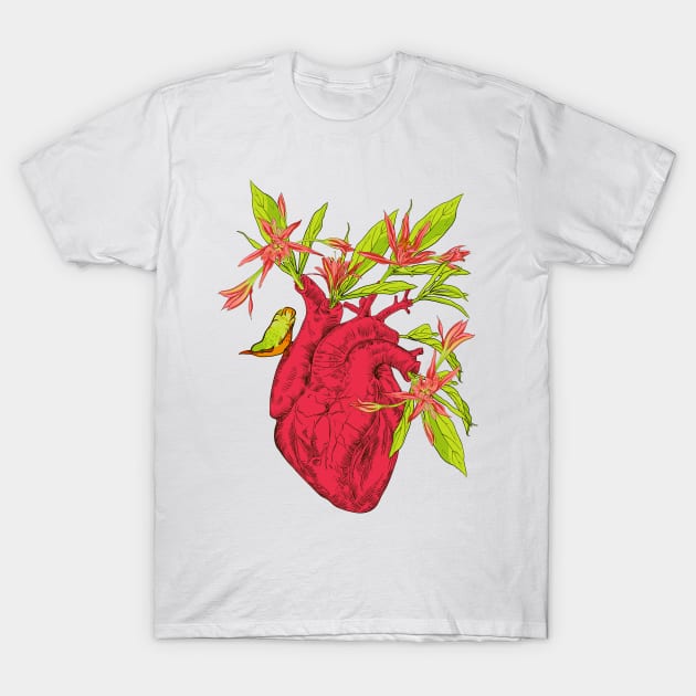 heart with flowers, leaves and birds T-Shirt by Olga Berlet